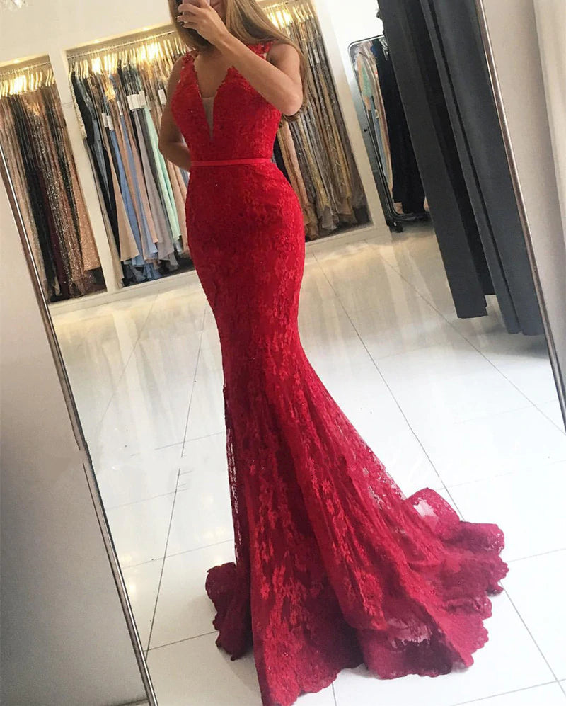 Elegant V Neck Long Lace Mermaid Evening Dresses