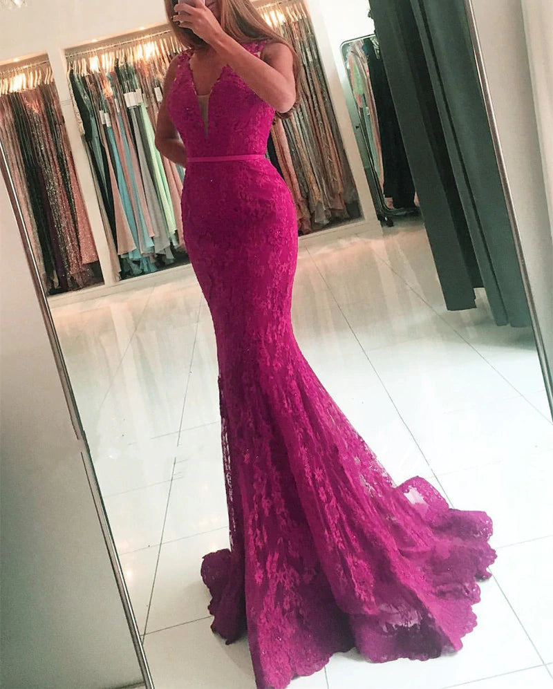 Elegant V Neck Long Lace Mermaid Evening Dresses