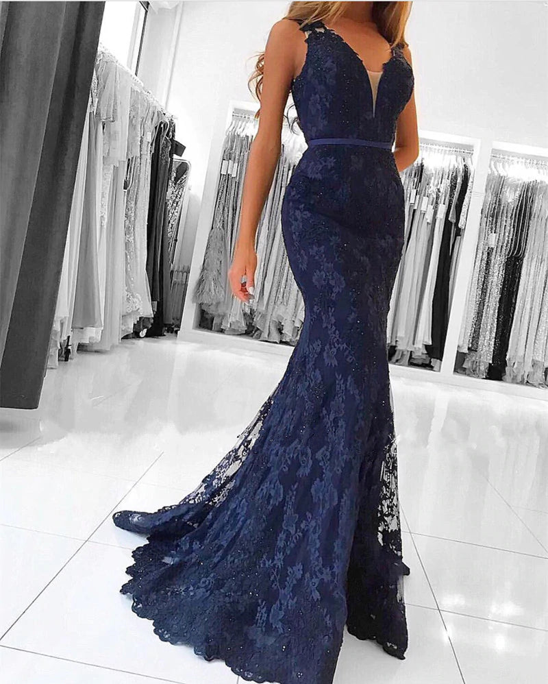 Elegant V Neck Long Lace Mermaid Evening Dresses
