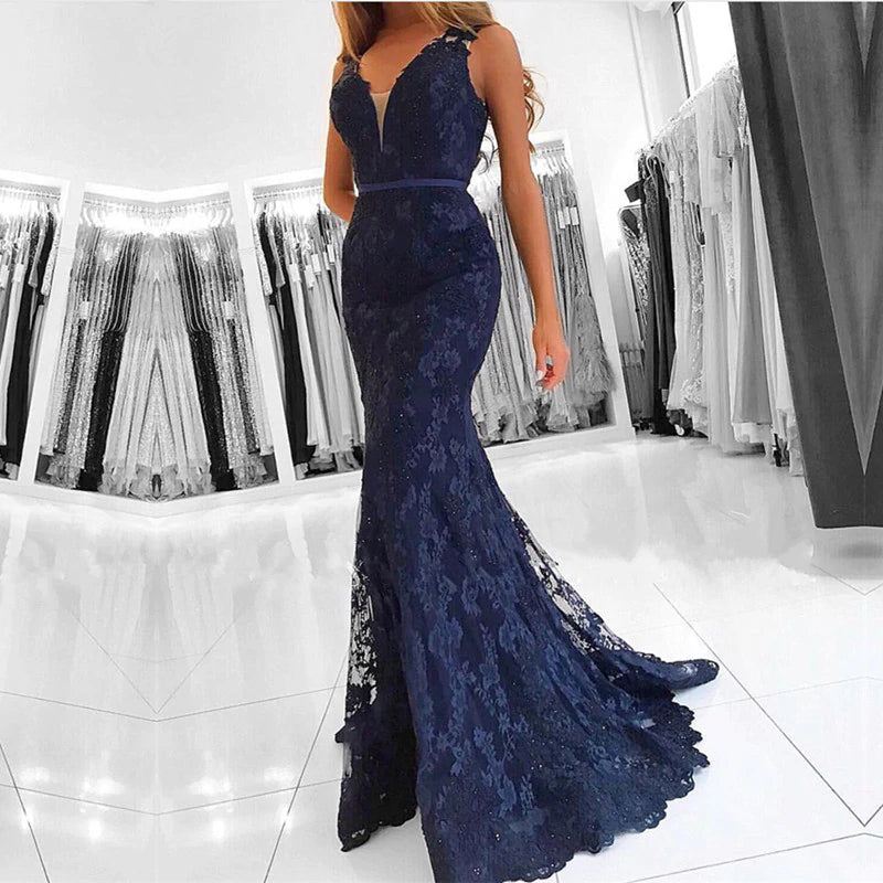 Elegant V Neck Long Lace Mermaid Evening Dresses