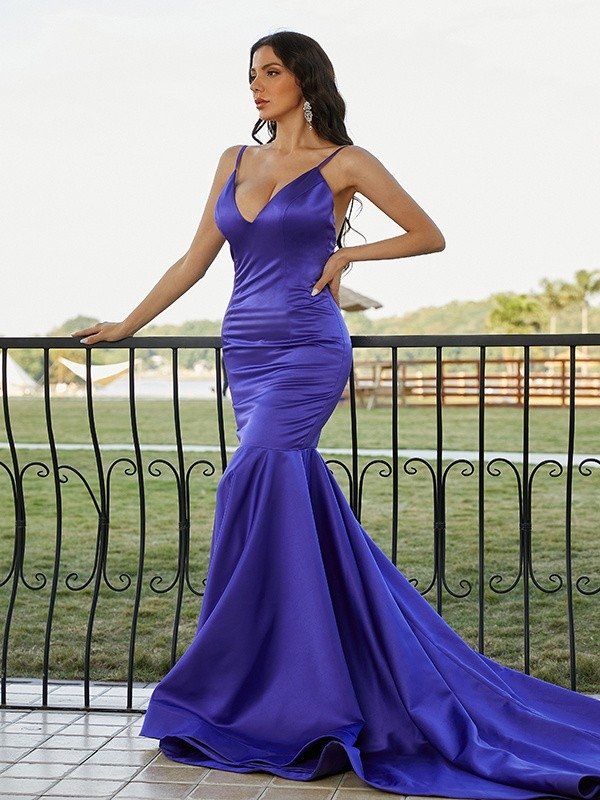 Trumpet/Mermaid Satin Ruffles V-neck Sleeveless Sweep/Brush Train Dresses