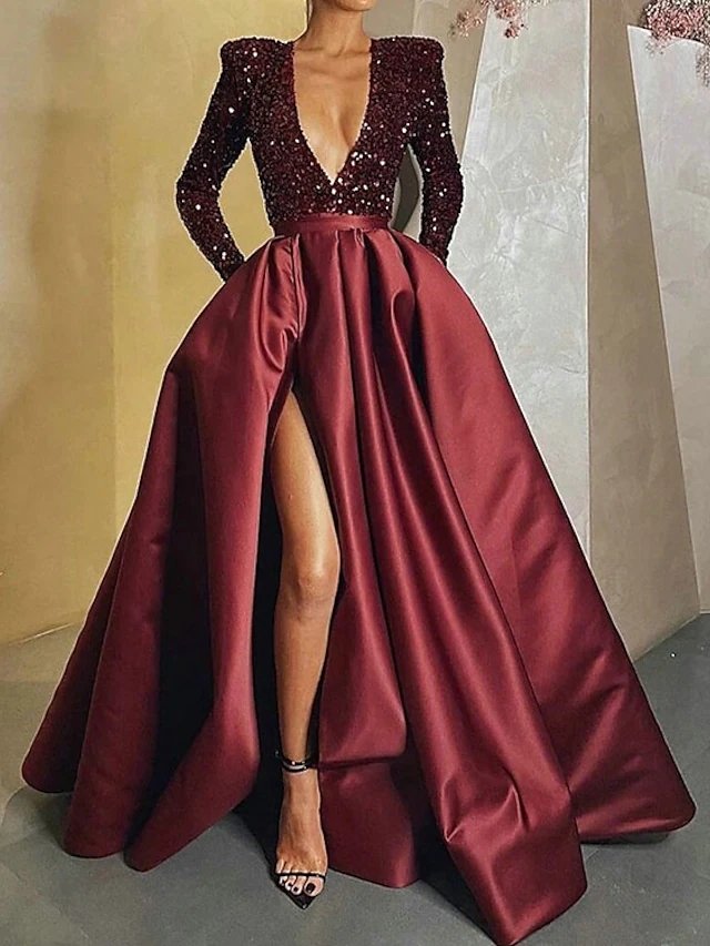 A-Line Sparkle Party Wear Formal Evening Dress V Neck Long Sleeve Floor Length Satin with Crystals Split