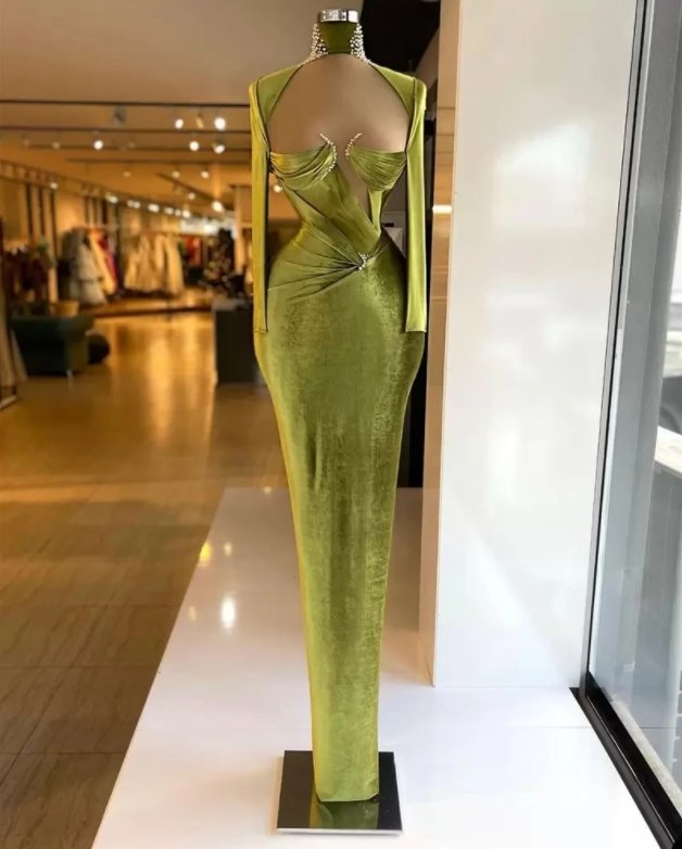 Green Evening Dresses Sheath Long Sleeves Velvet Pearls Long Turkey Dubai Saudi Arabic Evening Gown Prom Dresses