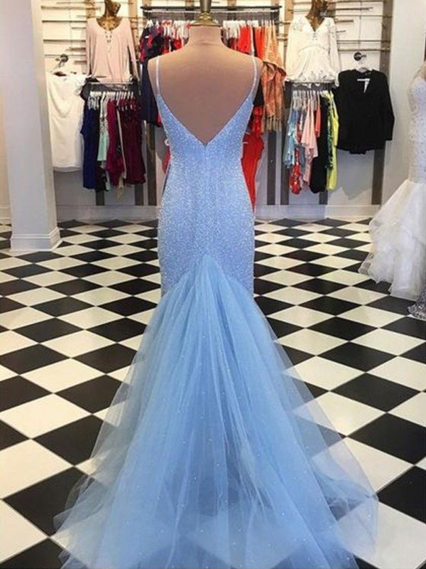 Sheath/Column Spaghetti Straps Sleeveless Tulle Sequin Sweep/Brush Train Dresses