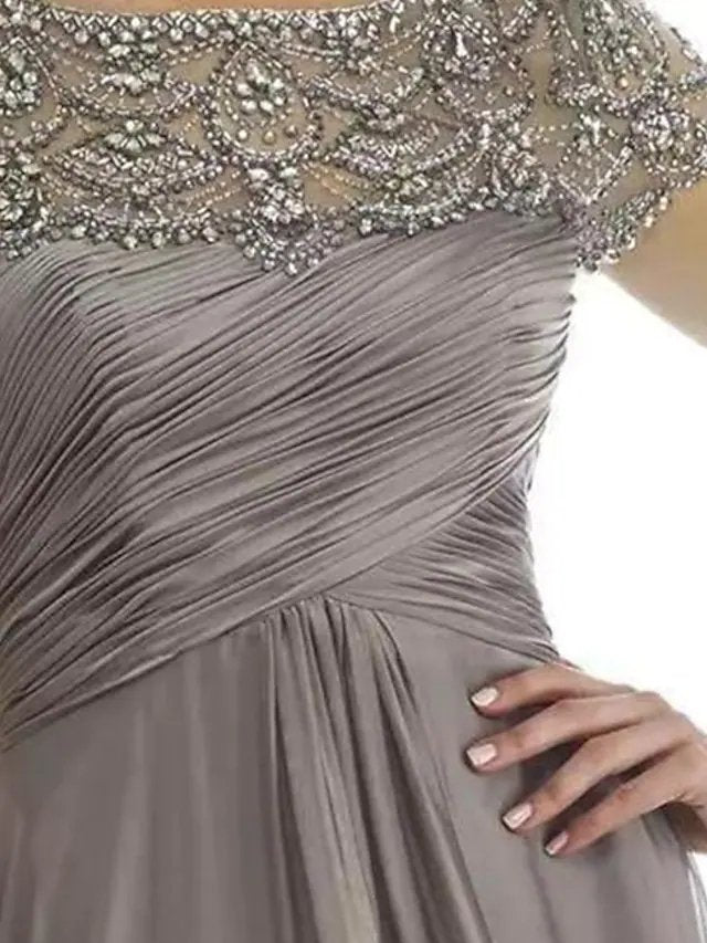 A-Line Mother of the Bride Dress Elegant Jewel Neck Floor Length Chiffon Satin Short Sleeve with Beading Sequin Draping