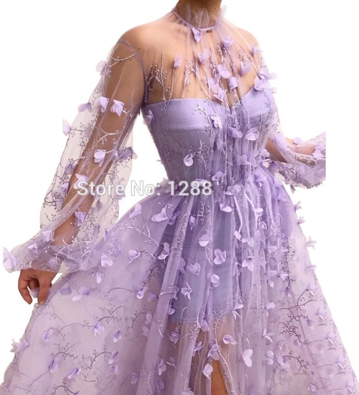 Lavender Muslim Evening Dresses A-line Long Sleeves Tulle Flowers Long Islamic Dubai Saudi Arabic Long Formal Evening Gown
