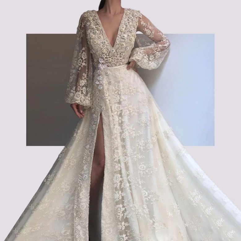 Lace Muslim Evening Dresses A-line V-neck Long Sleeves Slit Beaded Long Islamic Dubai Saudi Arabic Long Formal Evening Gown