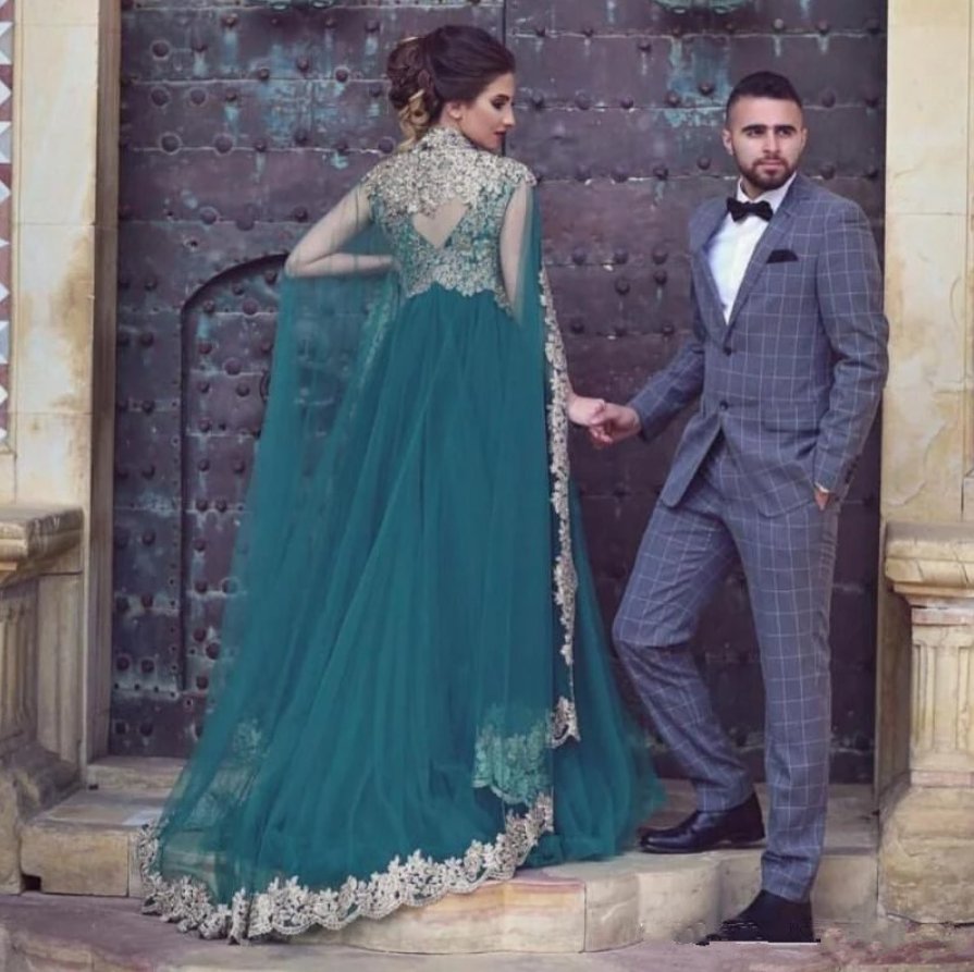 Green Muslim Evening Dresses A-line Tulle Appliques Lace Beaded Islamic Dubai Saudi Arabic Long Formal Evening Gown