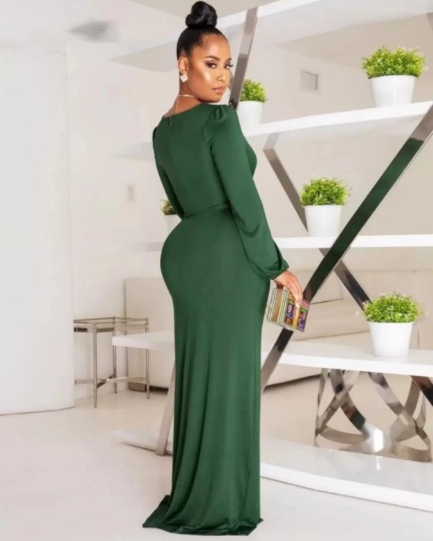 Green Evening Dresses Sheath V-neck Long Sleeves Slit Long Turkey Dubai Saudi Arabic Evening Gown Prom Dresses