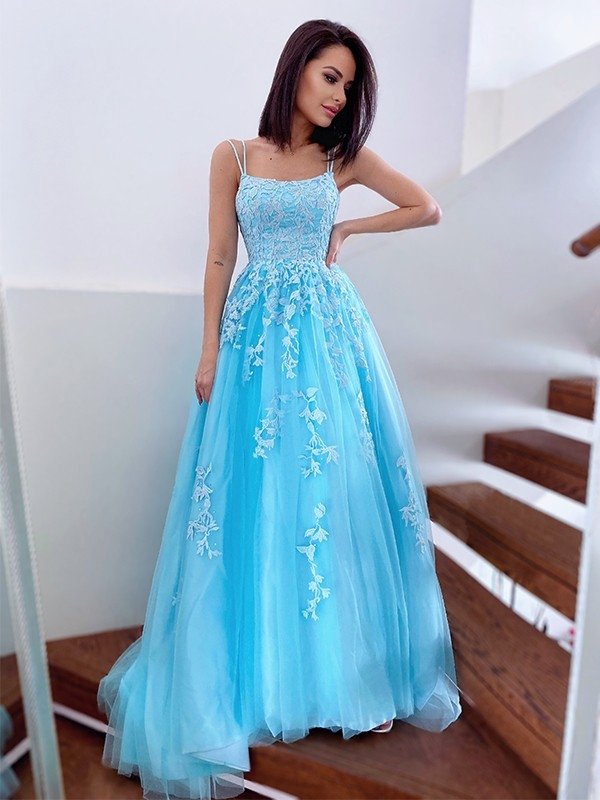 A-Line/Princess Spaghetti Straps Tulle Sleeveless Applique Sweep/Brush Train Dresses