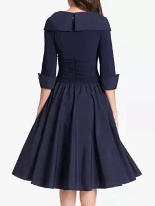 A-Line Mother of the Bride Dress Elegant V Neck Tea Length Polyester Half Sleeve with Buttons Ruching