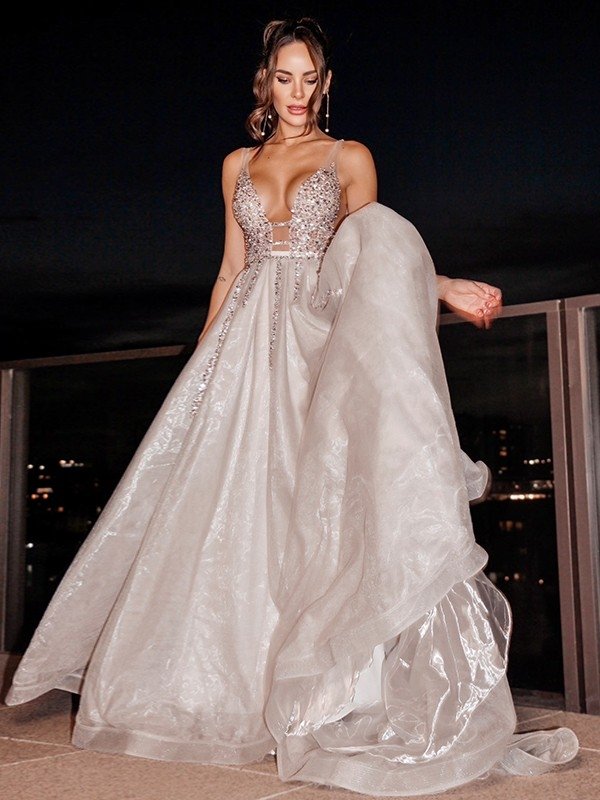 A-Line/Princess Tulle V-neck Sleeveless Beading Sweep/Brush Train Dresses