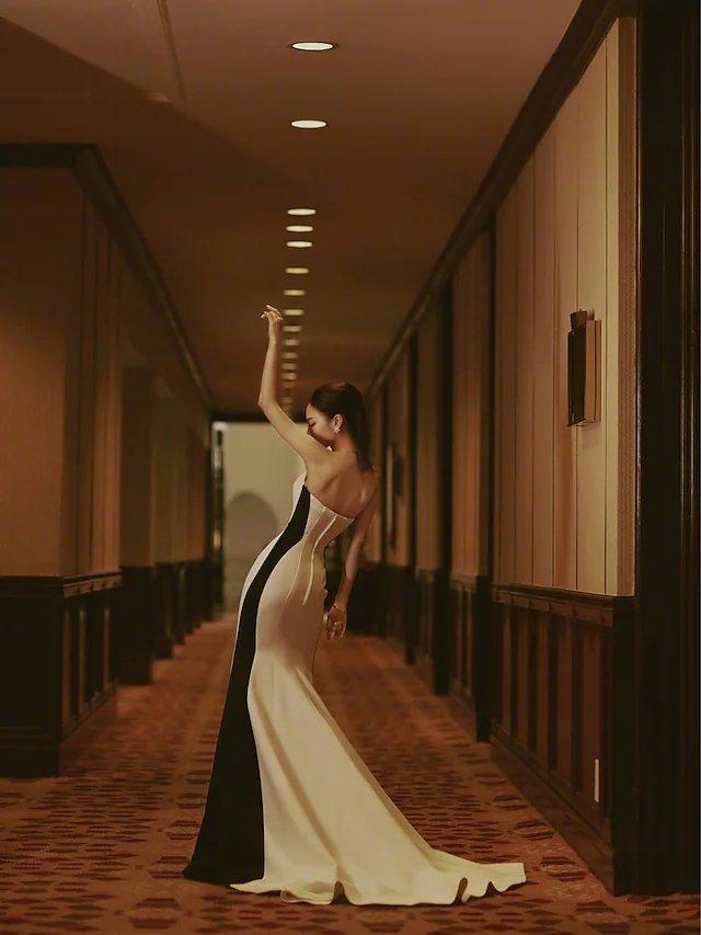 Mermaid / Trumpet Color Block Elegant Engagement Formal Evening Dress Strapless Sleeveless Court Train Stretch Satin with Split