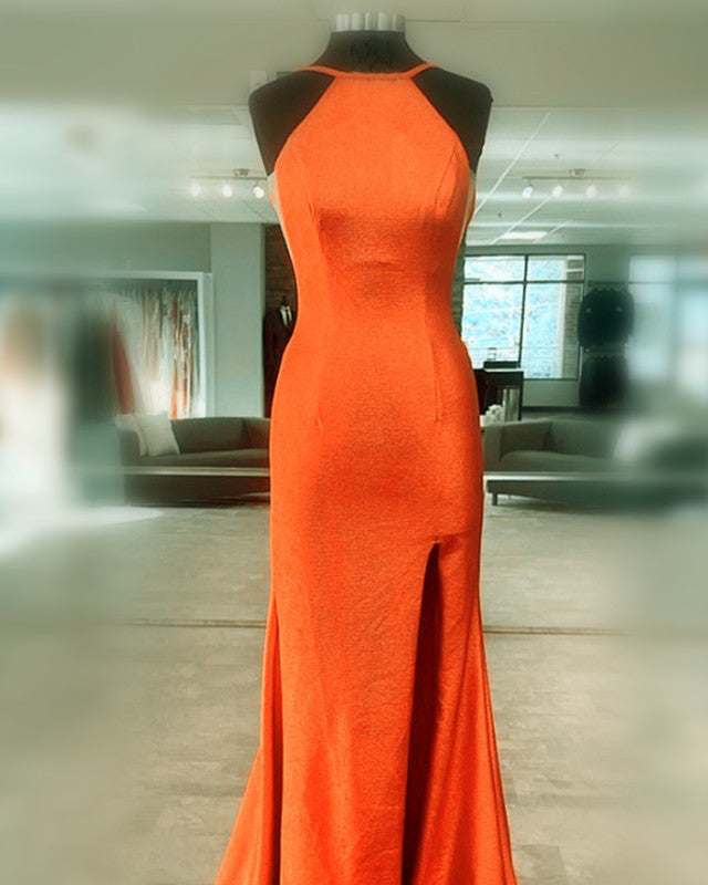 Mermaid Orange Prom Dresses Halter Neck Split