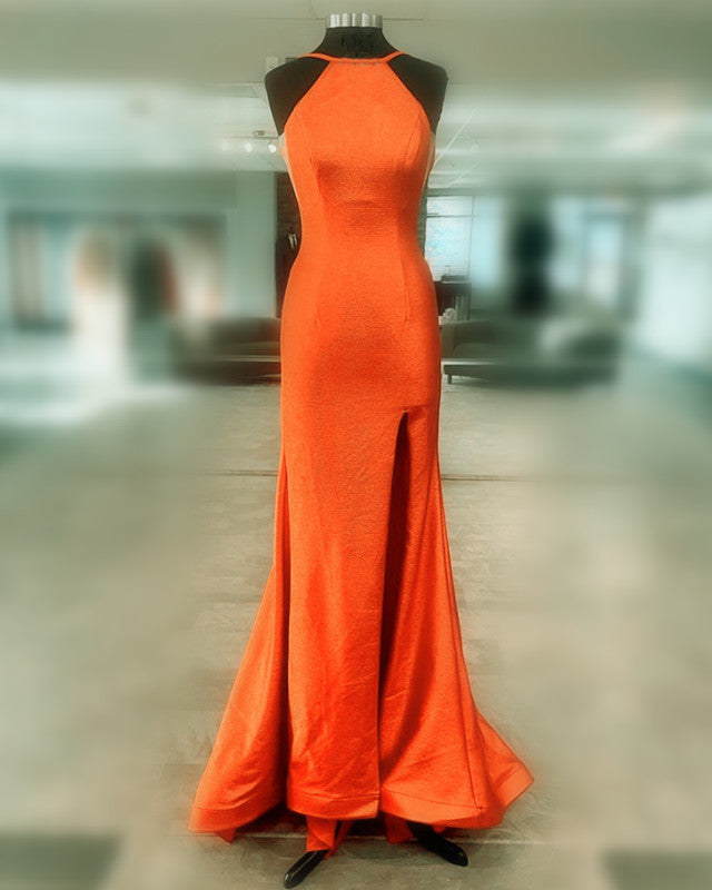 Mermaid Orange Prom Dresses Halter Neck Split