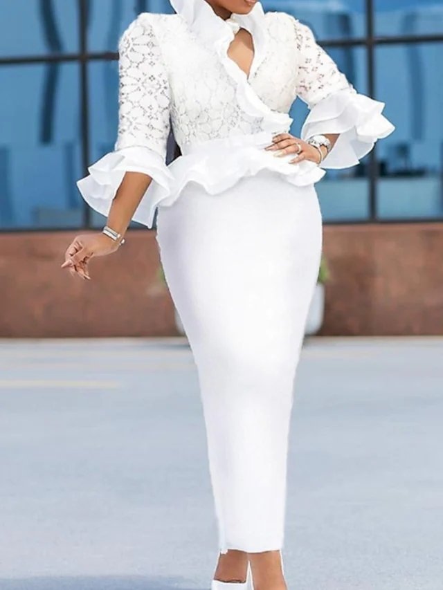 Sheath / Column Plus Size Elegant Wedding Guest Prom Valentine's Day Dress V Neck Half Sleeve Ankle Length Lace with Ruffles