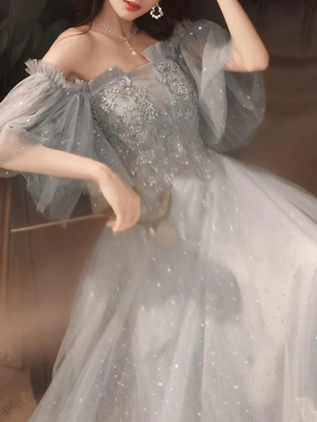 A-Line Glittering Elegant Engagement Formal Evening Dress Off Shoulder Half Sleeve Floor Length Tulle with Pleats Beading Sequin