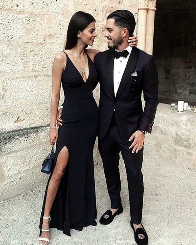 Navy Blue Mermaid Prom Dresses Leg Slit