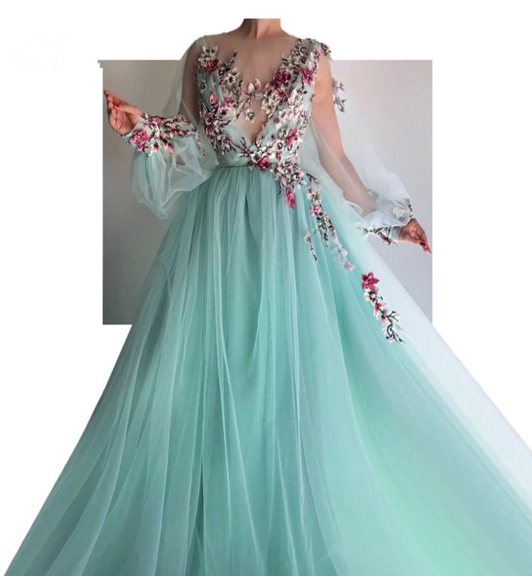 Turquoise Muslim Evening Dresses A-line Long Sleeves Tulle Flowers Long Islamic Dubai Saudi Arabic Long Formal Evening Gown