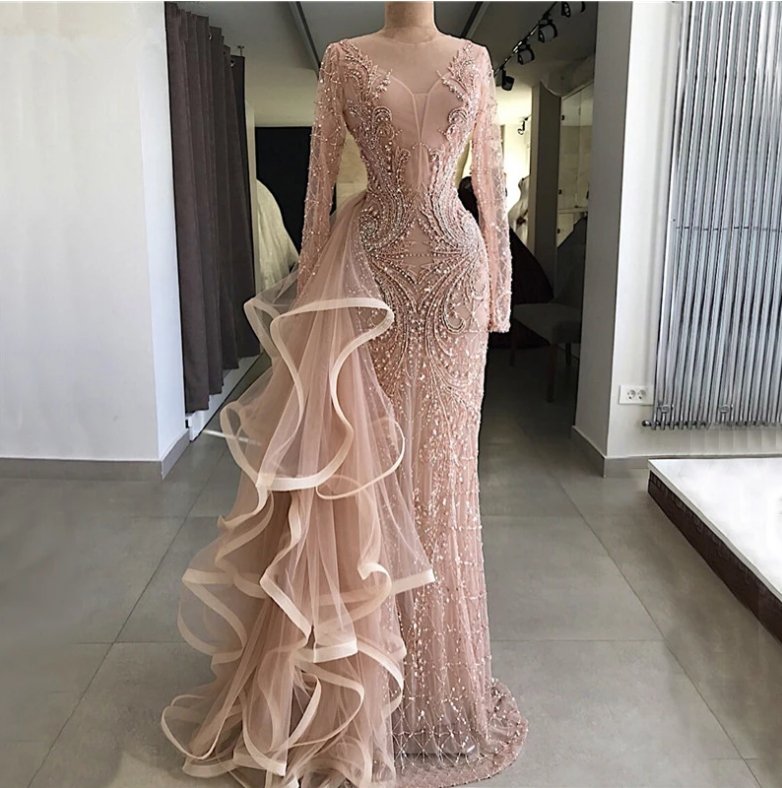 Luxurious Muslim Evening Dresses Mermaid Long Sleeves Tulle Beaded Long Islamic Dubai Saudi Arabic Long Formal Evening Gown