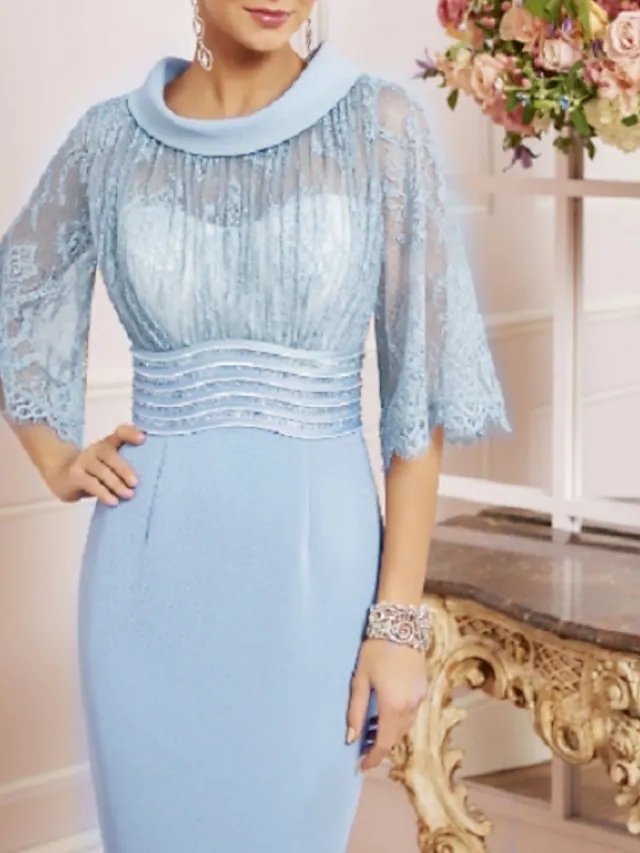 Sheath / Column Mother of the Bride Dress See Through Jewel Neck Knee Length Charmeuse Half Sleeve with Lace Sash / Ribbon