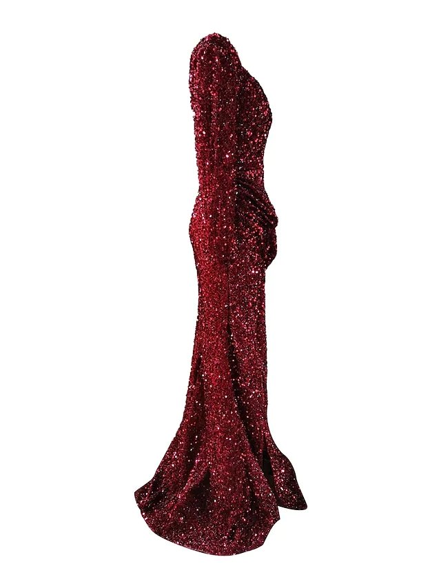 Mermaid / Trumpet Sparkle Sexy Wedding Guest Formal Evening Dress Scoop Neck Long Sleeve Sweep / Brush Train Sequined with Sequin Split