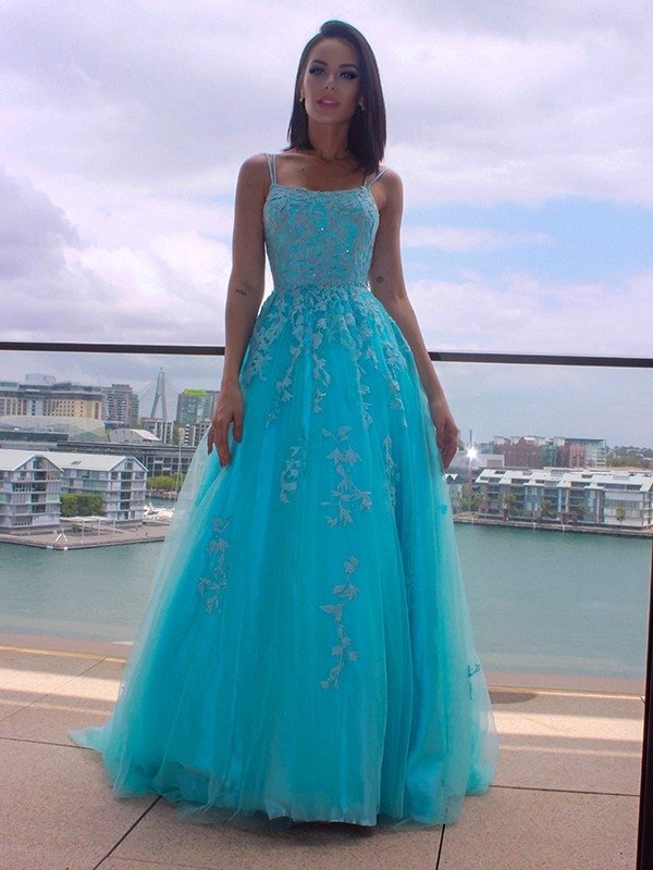 A-Line/Princess Spaghetti Straps Tulle Sleeveless Applique Sweep/Brush Train Dresses