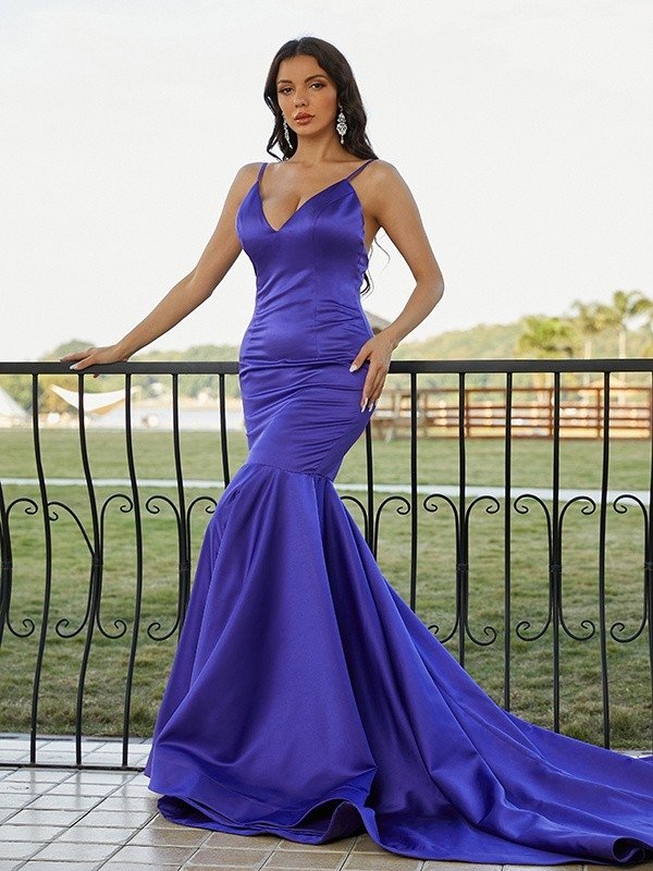 Trumpet/Mermaid Satin Ruffles V-neck Sleeveless Sweep/Brush Train Dresses