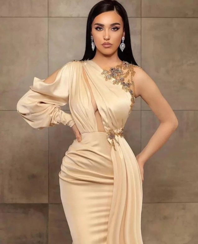 Champagne Evening Dresses Mermaid One-shoulder Beaded Long Turkey Dubai Saudi Arabic Evening Gown Prom Dresses