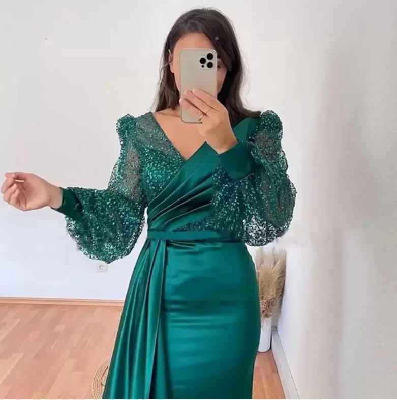 Teal Evening Dresses A-line V-neck Long Sleeves Satin Sequins Long Turkey Dubai Saudi Arabic Evening Gown Prom Dresses