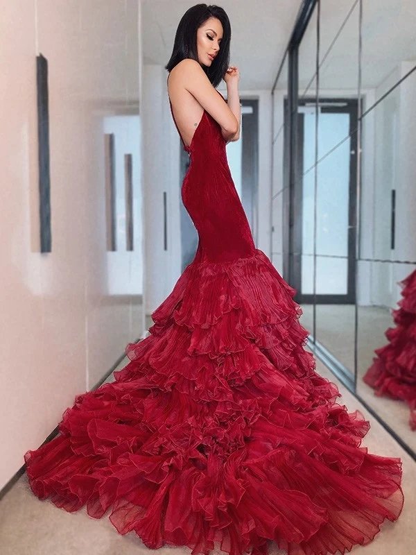 Trumpet/Mermaid Organza Layers One-Shoulder Court Train Sleeveless Dresses