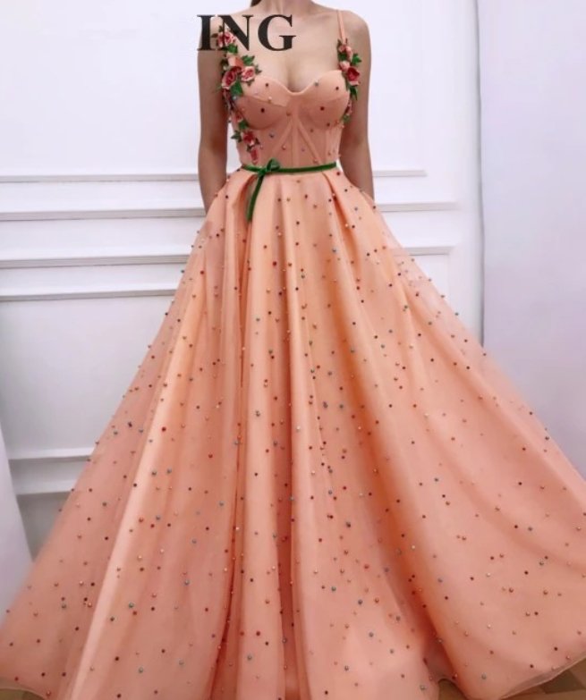 Peach Muslim Evening Dresses A-line Spaghetti Straps Tulle Pearls Islamic Dubai Saudi Arabic Long Formal Evening Gown