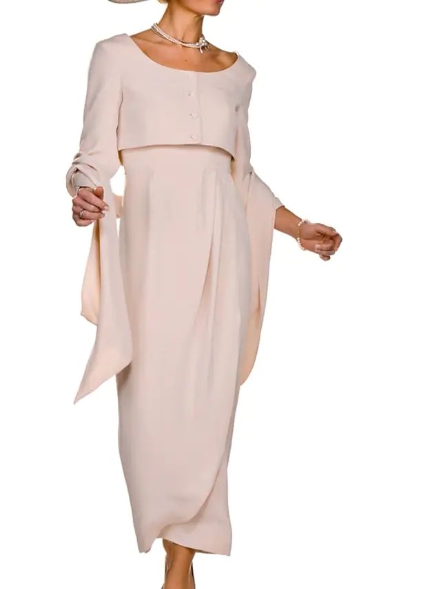 Two Piece Sheath / Column Mother of the Bride Dress Elegant Square Neck Ankle Length Stretch Fabric Sleeveless with Buttons Pleats