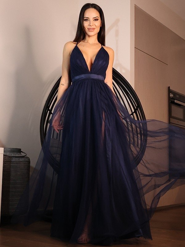 A-Line/Princess Tulle Ruffles V-neck Sleeveless Floor-Length Dresses