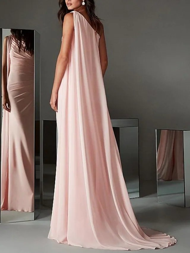 Sheath / Column Minimalist Elegant Engagement Formal Evening Dress One Shoulder Sleeveless Sweep / Brush Train Chiffon with Sleek