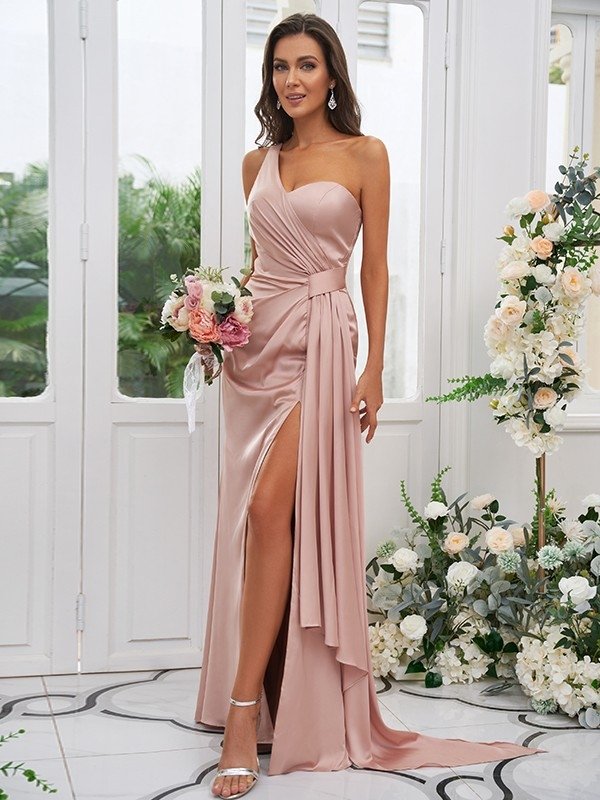 Sheath/Column Charmeuse Ruched One-Shoulder Sleeveless Floor-Length Bridesmaid Dresses