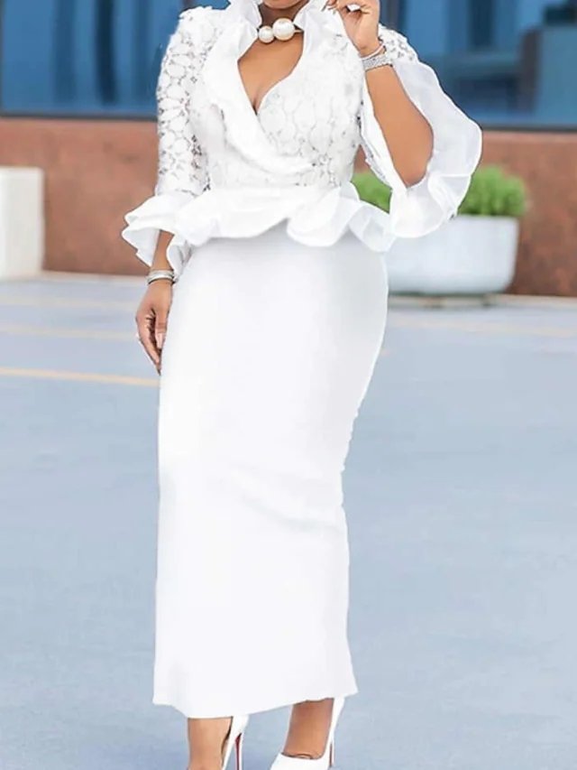 Sheath / Column Plus Size Elegant Wedding Guest Prom Valentine's Day Dress V Neck Half Sleeve Ankle Length Lace with Ruffles