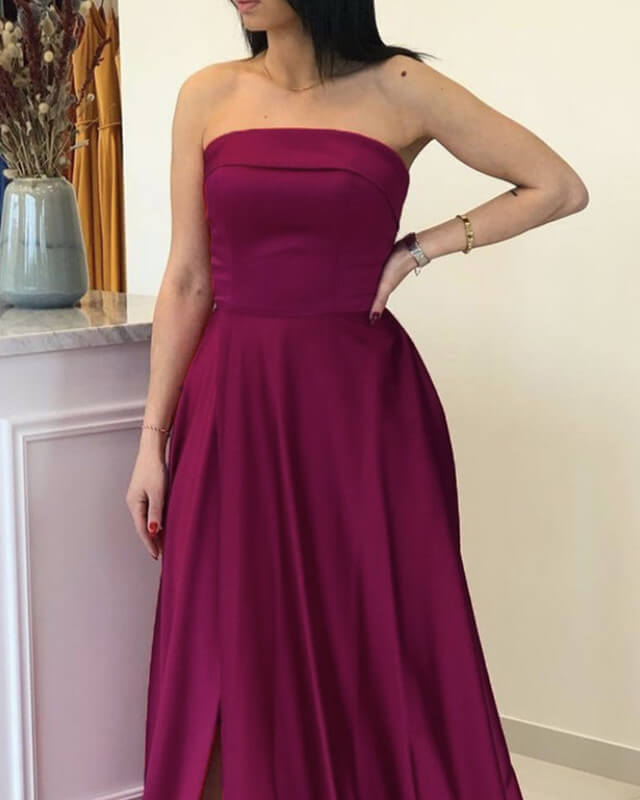 Sangria Prom Dresses Long Satin Strapless Split