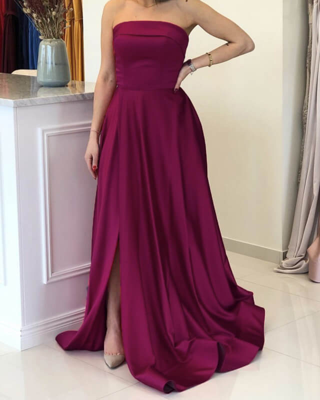Sangria Prom Dresses Long Satin Strapless Split