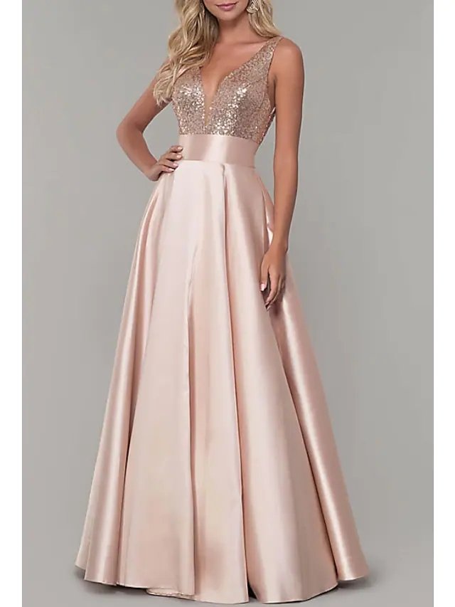 A-Line Sparkle Prom Formal Evening Dress V Neck Sleeveless Floor Length Satin with Pleats Sequin