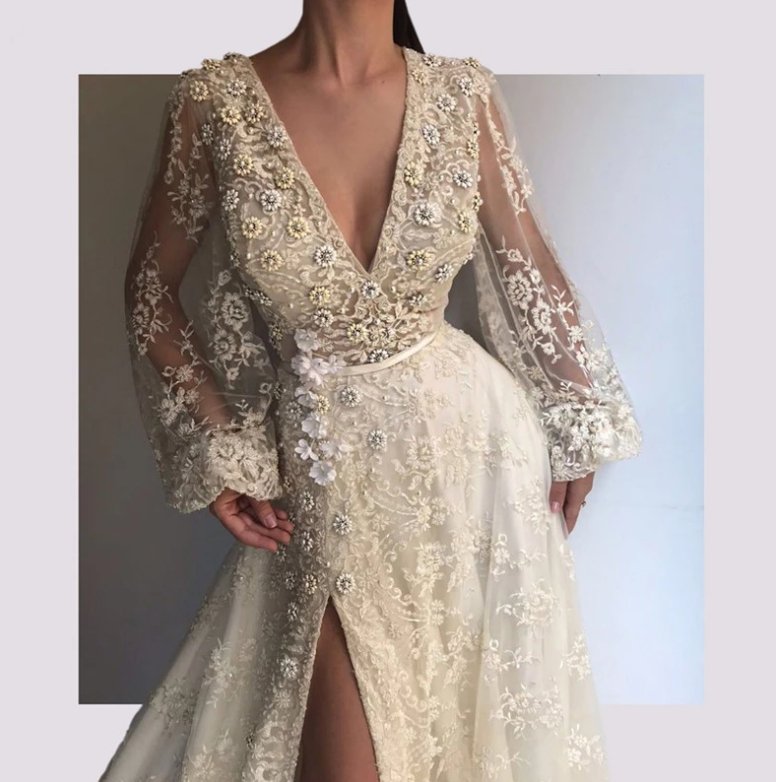Lace Muslim Evening Dresses A-line V-neck Long Sleeves Slit Beaded Long Islamic Dubai Saudi Arabic Long Formal Evening Gown