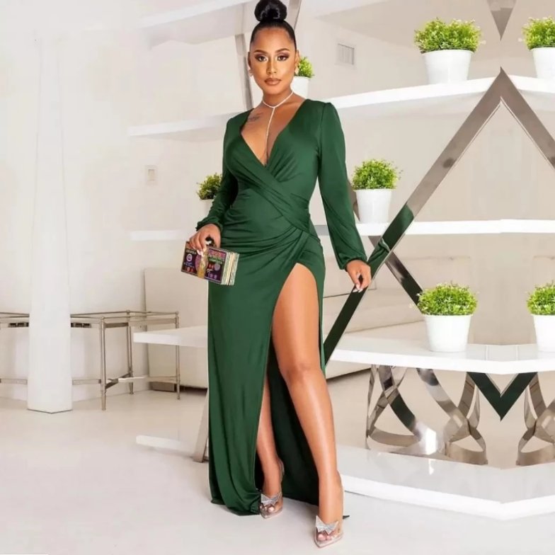Green Evening Dresses Sheath V-neck Long Sleeves Slit Long Turkey Dubai Saudi Arabic Evening Gown Prom Dresses