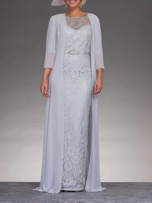 Two Piece Sheath / Column Mother of the Bride Dress Elegant Jewel Neck Floor Length Chiffon 3/4 Length Sleeve with Sash / Ribbon Appliques