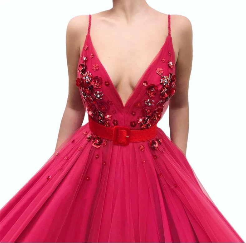 Fuchsia Muslim Evening Dresses A-line V-neck Tulle Beaded Flowers Islamic Dubai Saudi Arabic Long Formal Evening Gown