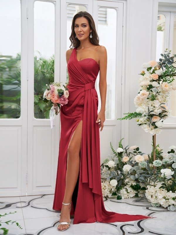 Sheath/Column Charmeuse Ruched One-Shoulder Sleeveless Floor-Length Bridesmaid Dresses