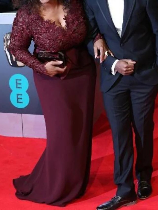 Sheath / Column Celebrity Style Plus Size Engagement Formal Evening Dress V Neck Long Sleeve Sweep / Brush Train Chiffon with Sash / Ribbon Appliques
