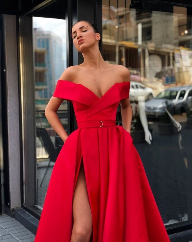 Red Muslim Evening Dresses A-line Off The Shoulder Slit Elegant Islamic Dubai Saudi Arabic Long Formal Evening Gown