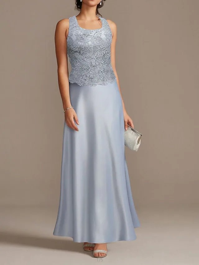 Sheath / Column Mother of the Bride Dress Elegant Scoop Neck Floor Length Polyester 3/4 Length Sleeve with Lace