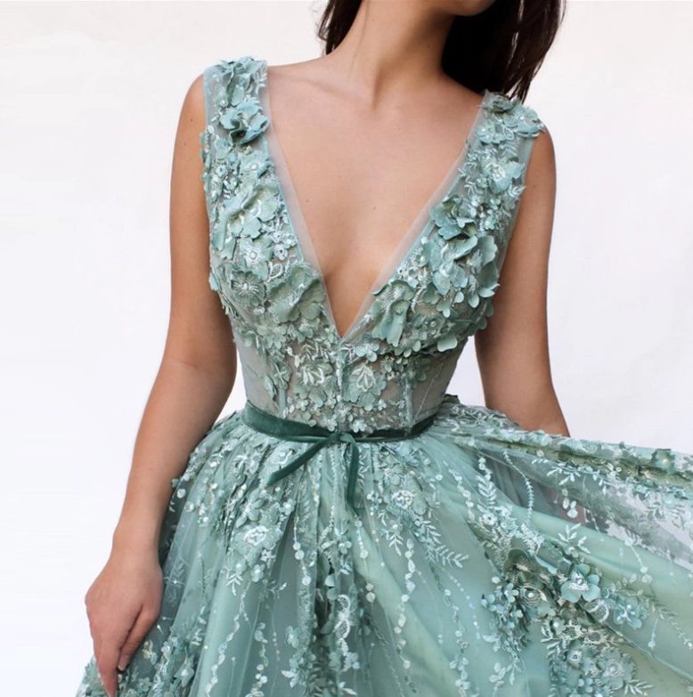 Mint Muslim Evening Dresses A-line V-neck Tulle Lace Flowers Pearl Long Islamic Dubai Saudi Arabic Long Formal Evening Gown