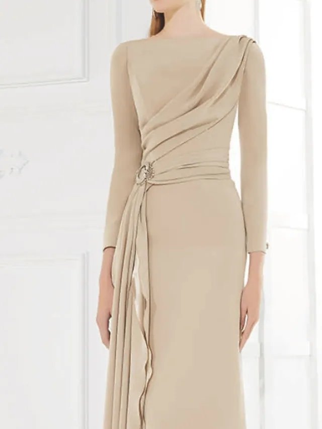 Sheath / Column Mother of the Bride Dress Elegant Jewel Neck Floor Length Chiffon Satin 3/4 Length Sleeve with Pleats Ruching